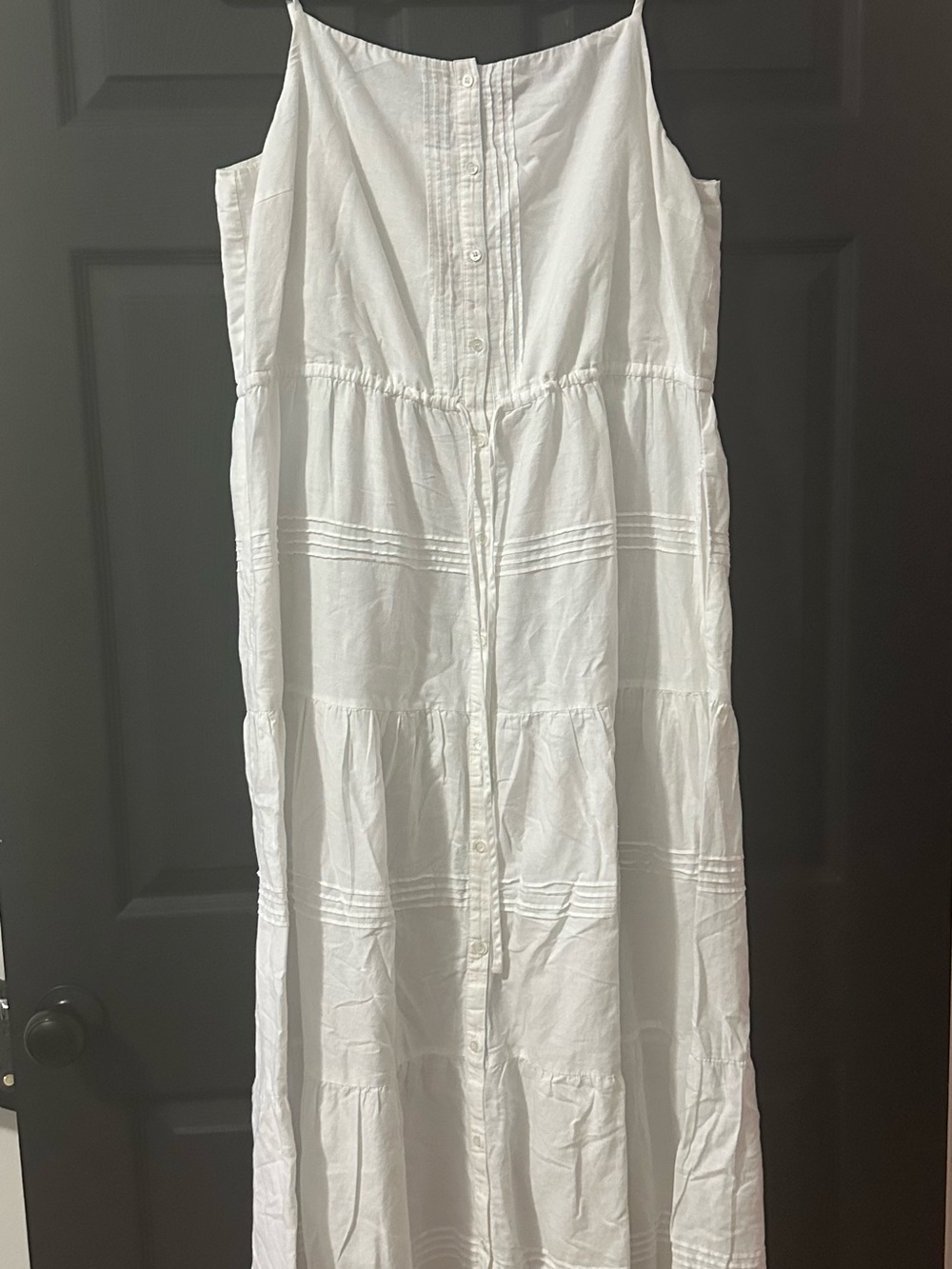 Sleeveless White Tiered Maxi Dress with Button Front